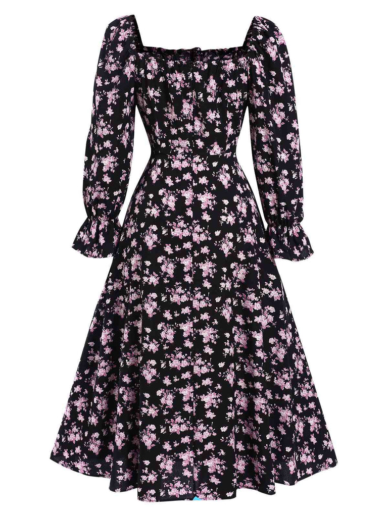 1940s Drawstring Slit Square Neck Floral Dress