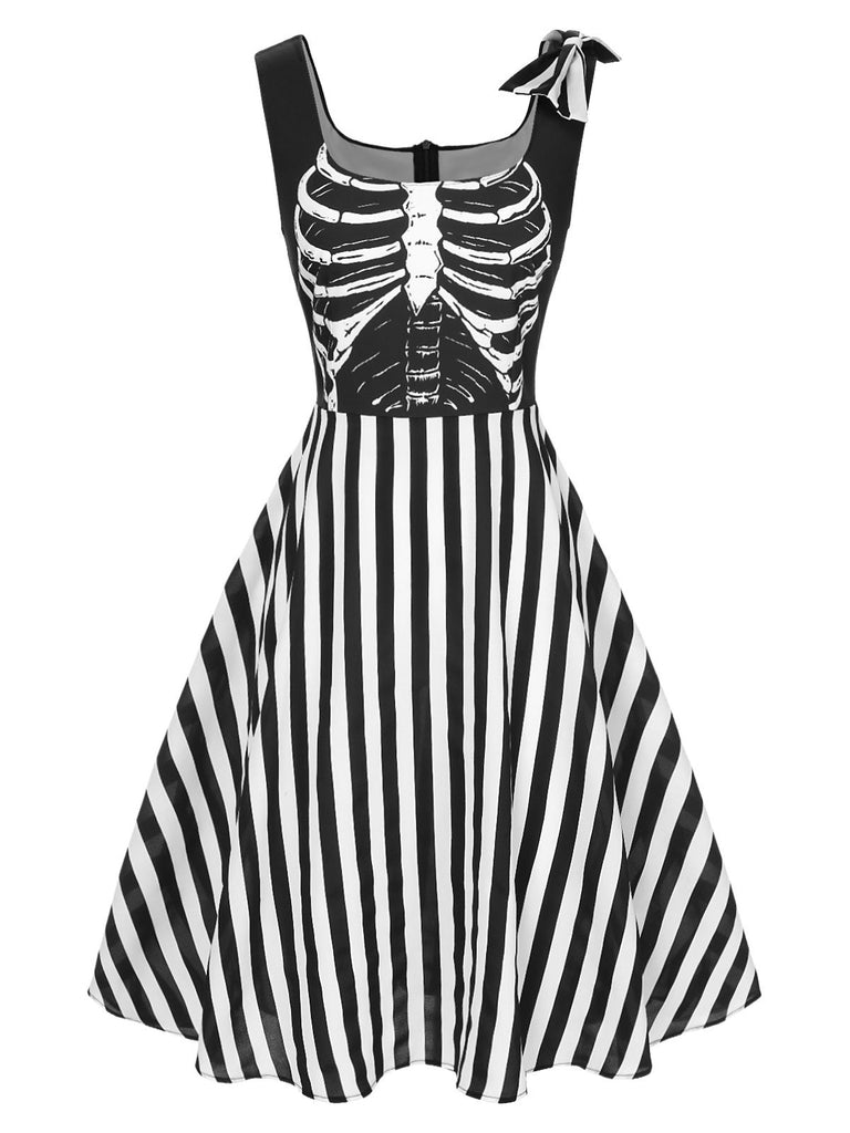 Black 1950s Halloween Skeleton Vertical Stripes Dress