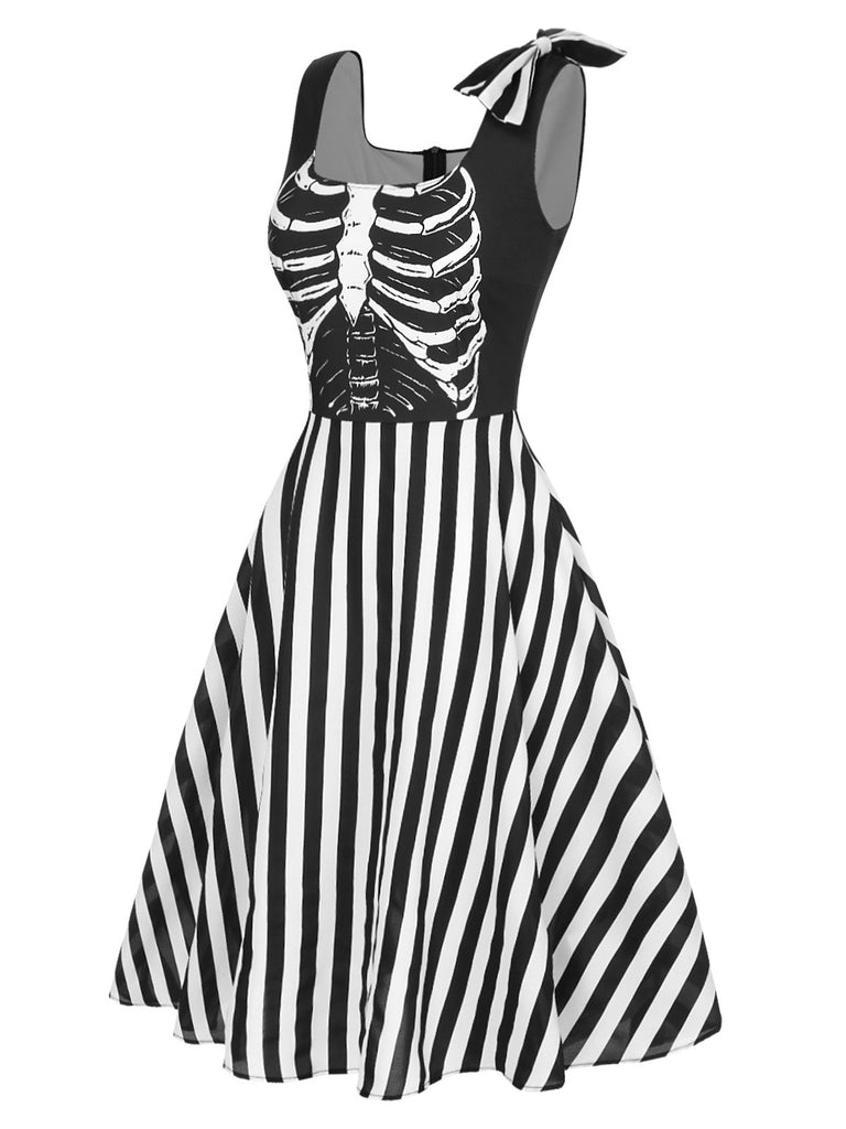 Black 1950s Halloween Skeleton Vertical Stripes Dress