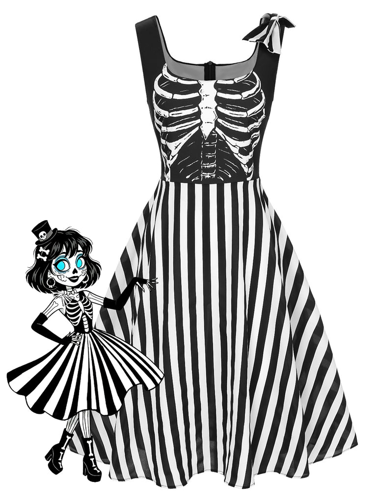 Black 1950s Halloween Skeleton Vertical Stripes Dress