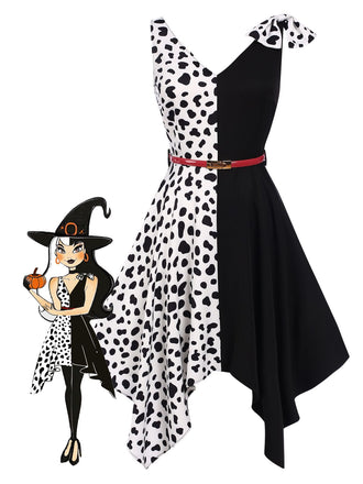 Black 1970s Cow Spots Patchwork Dress