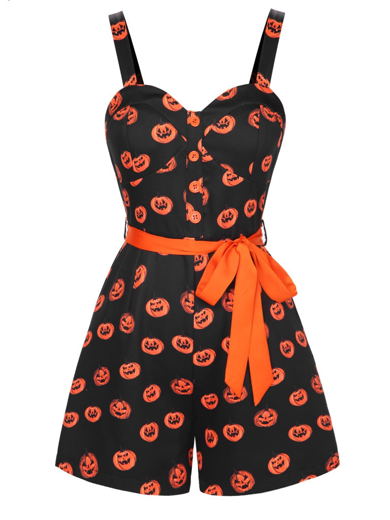 Black 1950s Halloween Pumpkin Face Romper