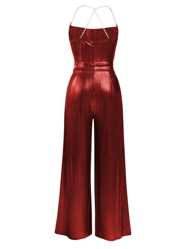 Metallic Red 1980s Cowl Neck Spaghetti Strap Jumpsuit