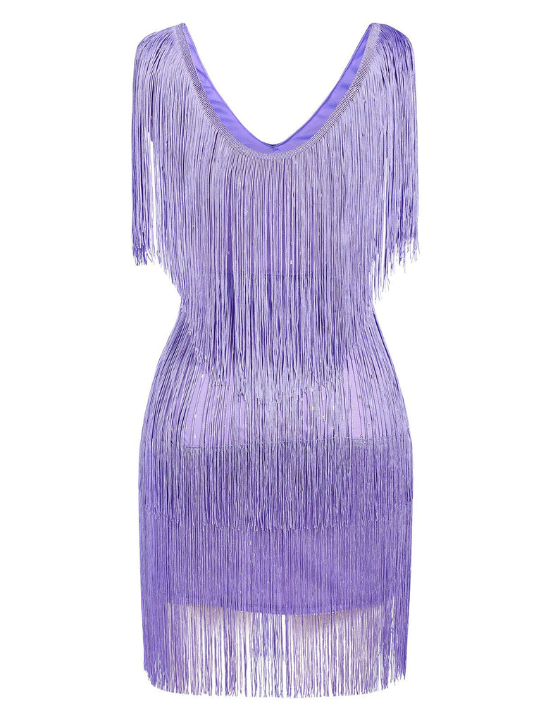 1920s V-Neck Fringe Solid Sleeveless Dress