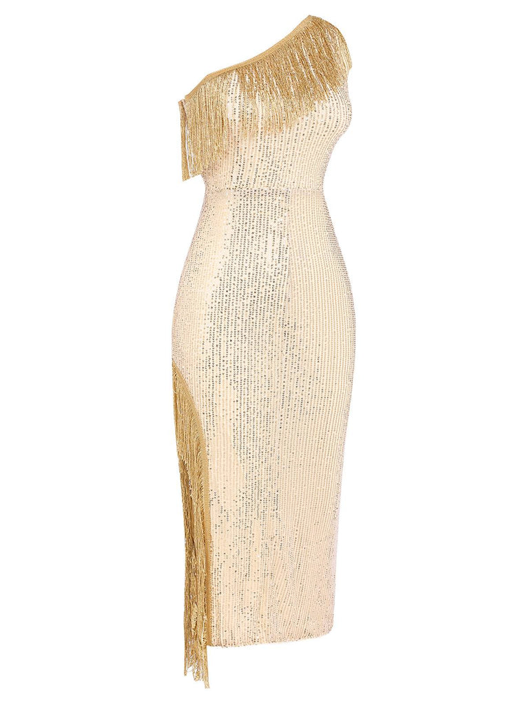 Gold 1920s One Shoulder Sequined Tassel Dress