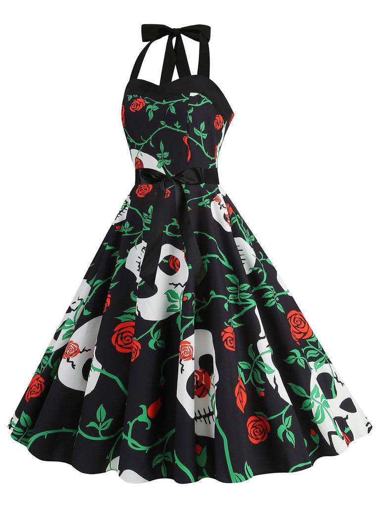 1950s Halloween Skull Halter Lace-Up Dress