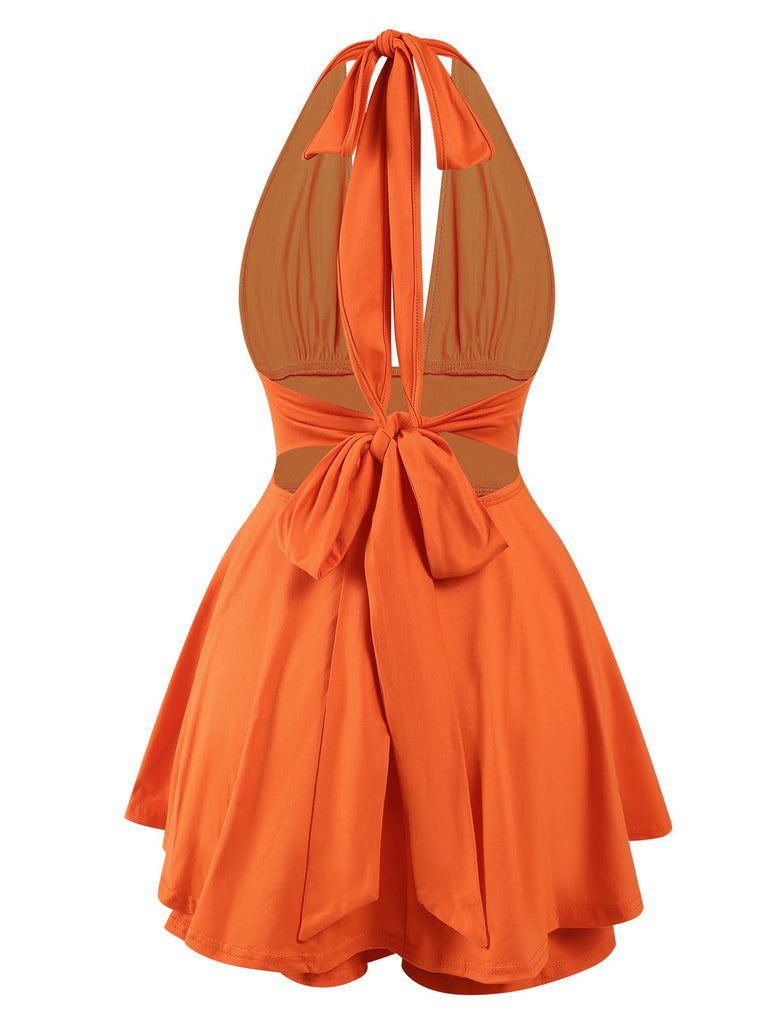 1950s Solid Deep V-Neck Halter Skirt Romper