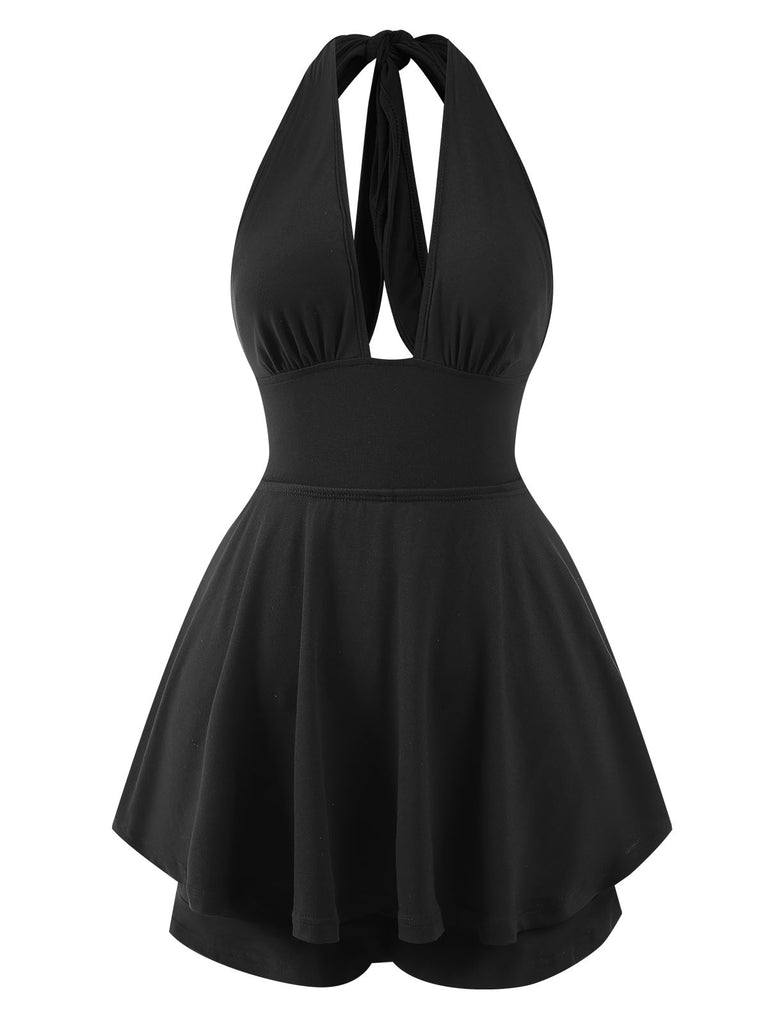 1950s Solid Deep V-Neck Halter Skirt Romper