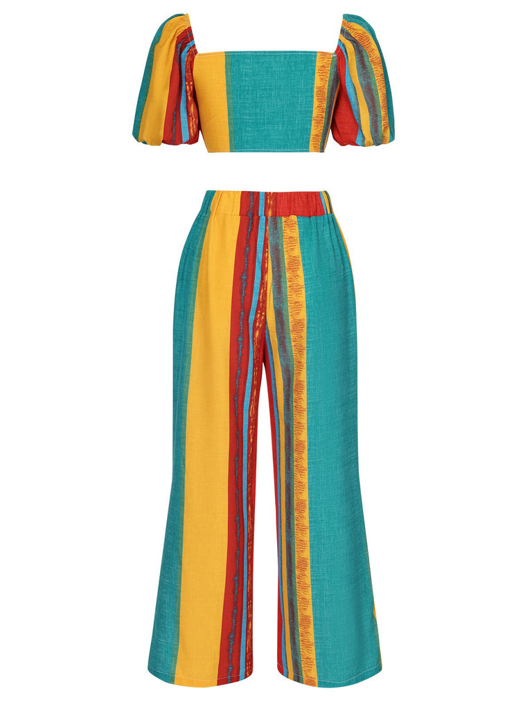 2PCS Multicolor 1960s Puff Sleeves Striped Top & Pants