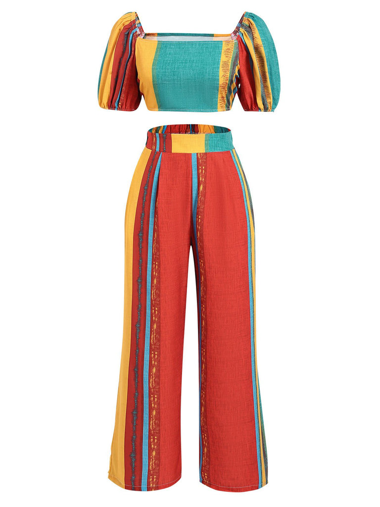 2PCS Multicolor 1960s Puff Sleeves Striped Top & Pants