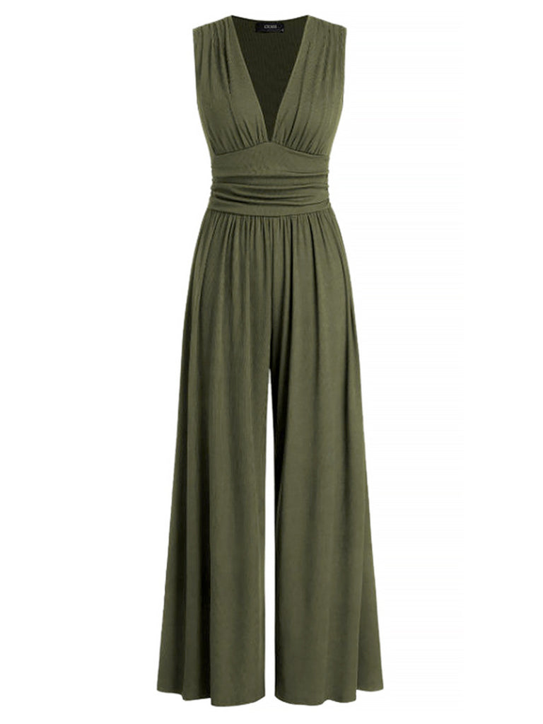 1950s Solid Wrinkled Deep V-Neck Jumpsuit