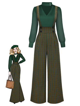 2PCS 1940s Satin Puff Sleeve Blouse & Glen Plaid Overall Pants