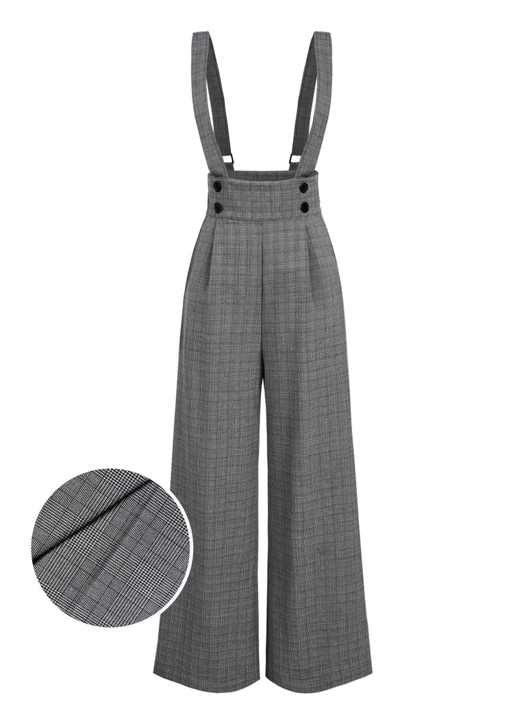 Gray 1940s Glen Plaid Buttoned Overall Pants