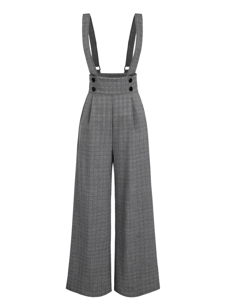 Gray 1940s Glen Plaid Buttoned Overall Pants