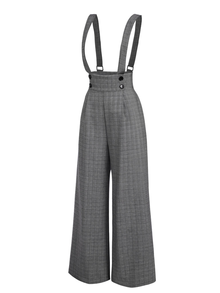 Gray 1940s Glen Plaid Buttoned Overall Pants