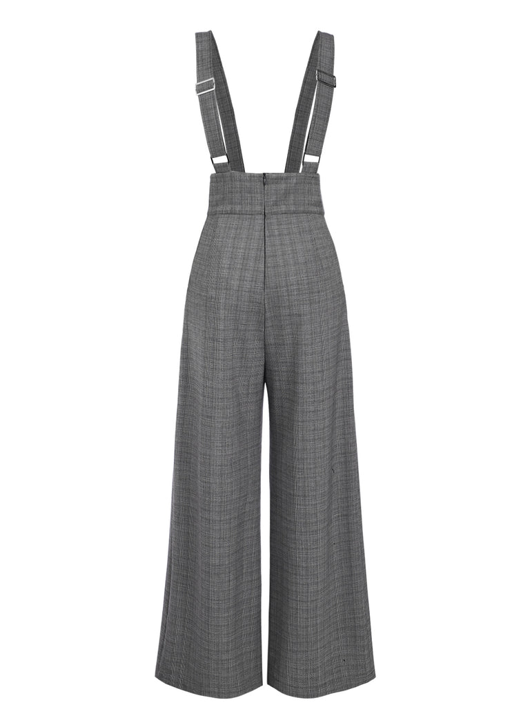 Gray 1940s Glen Plaid Buttoned Overall Pants