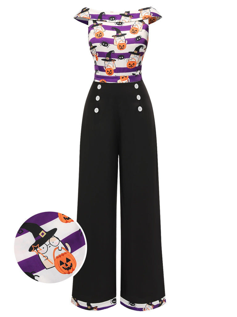 Black 1950s Pumpkin Off Shoulder Patchwork Jumpsuit