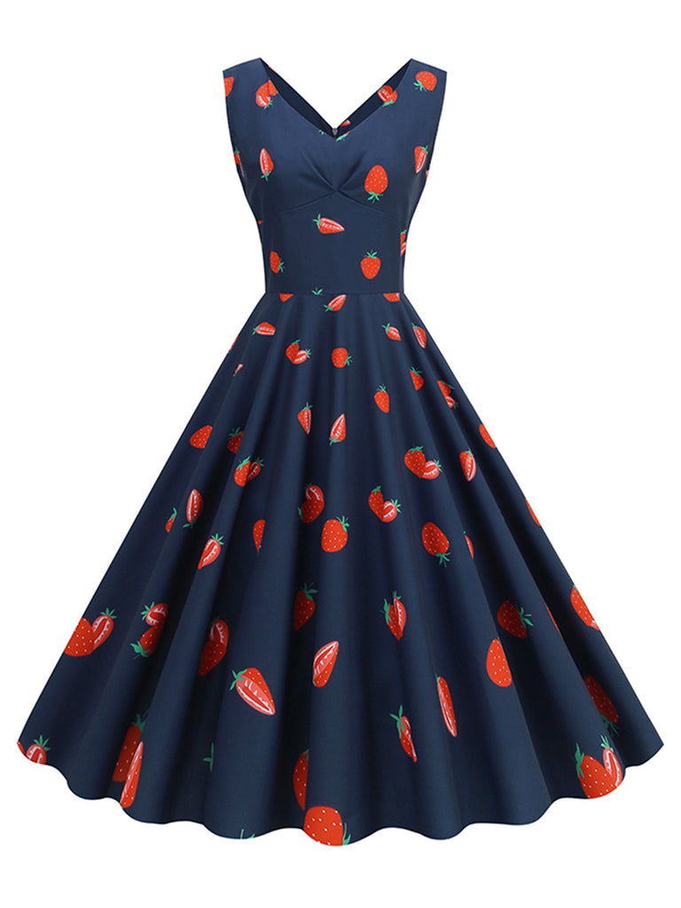 1950s Daisy & Strawberry Print Sleeveless Dress