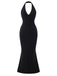 Black 1930s Solid V-Neck Halter Mermaid Dress