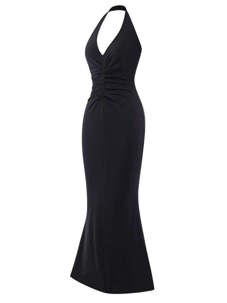 Black 1930s Solid V-Neck Halter Mermaid Dress