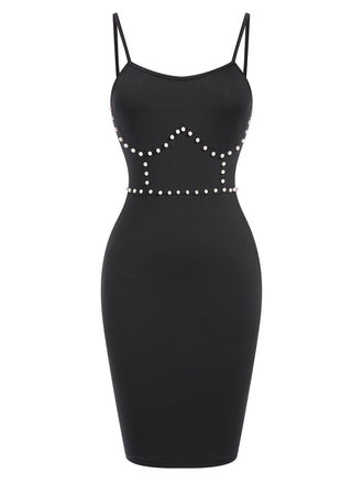 Black 1960s Solid Pearl Spaghetti Straps Dress