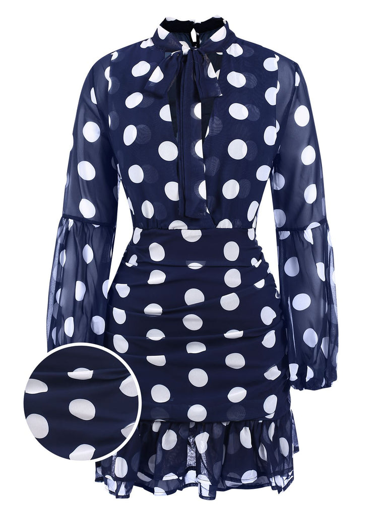 Dark Blue 1930s Polka Dots Hollow Out Ruffle Dress