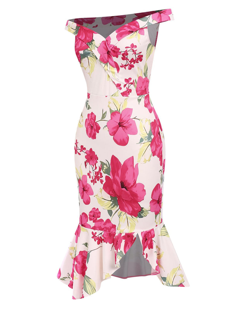 Pink 1930s Off-Shoulder Floral Mermaid Dress