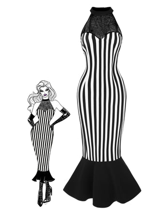 Black 1930s Spiderweb Mesh Stripe Fishtail Dress