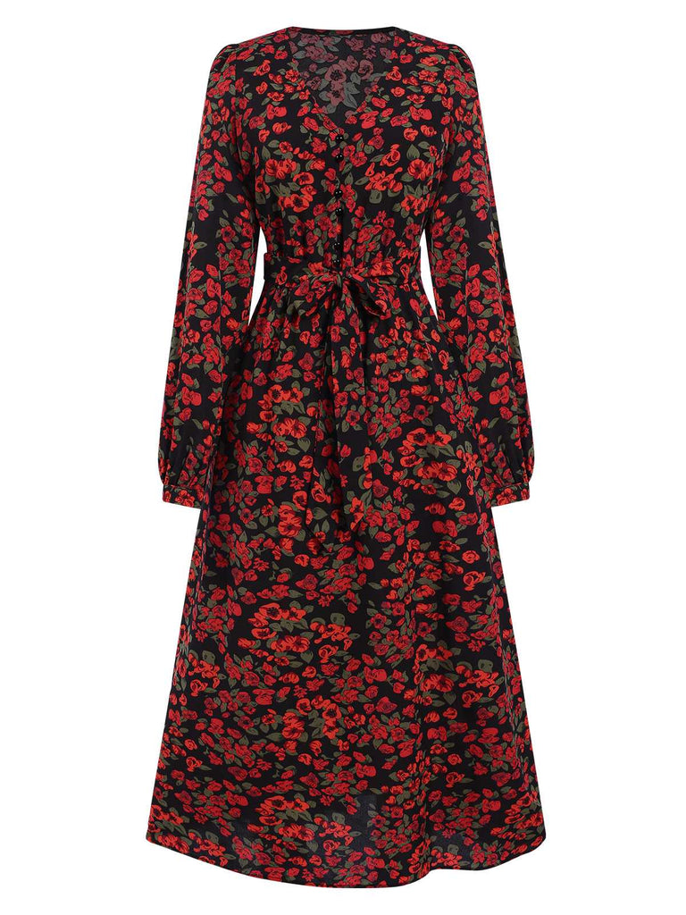 Wine Red 1940s V-Neck Floral Dress