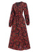 Wine Red 1940s V-Neck Floral Dress