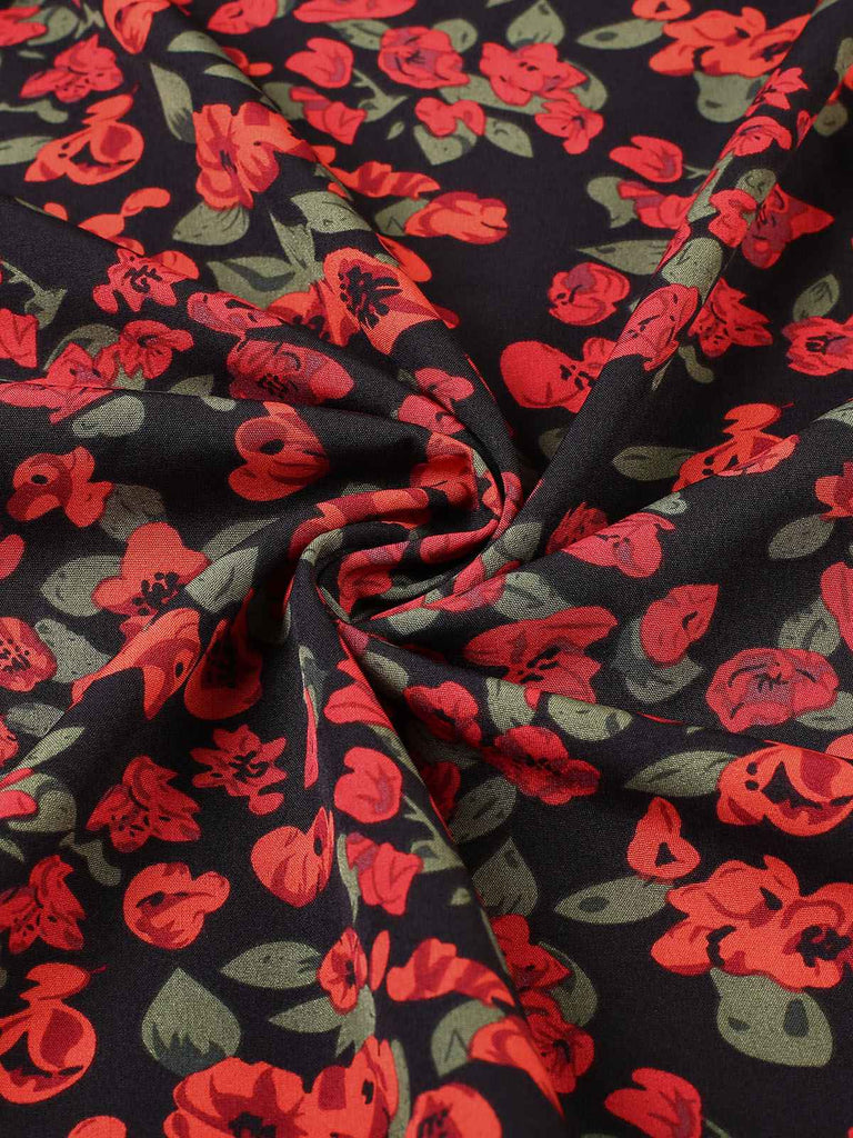 Wine Red 1940s V-Neck Floral Dress