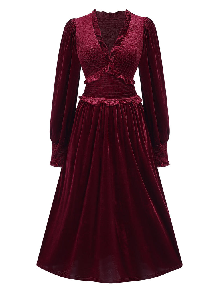 Wine Red 1940s Long Sleeves Velvet Ruched Dress