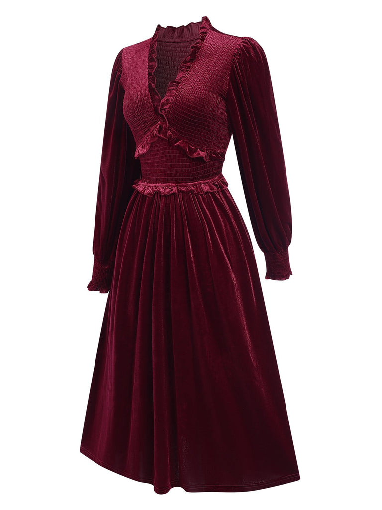 Wine Red 1940s Long Sleeves Velvet Ruched Dress