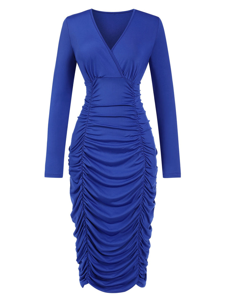 Royal Blue 1960s V-Neck Pleated Dress