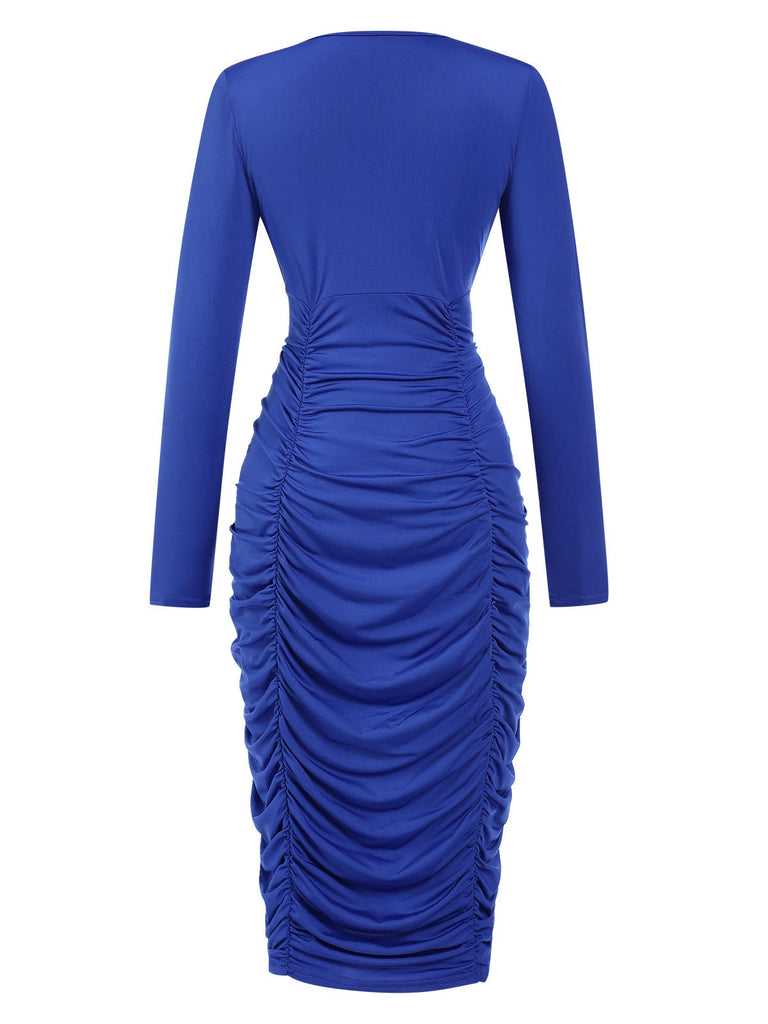 Royal Blue 1960s V-Neck Pleated Dress