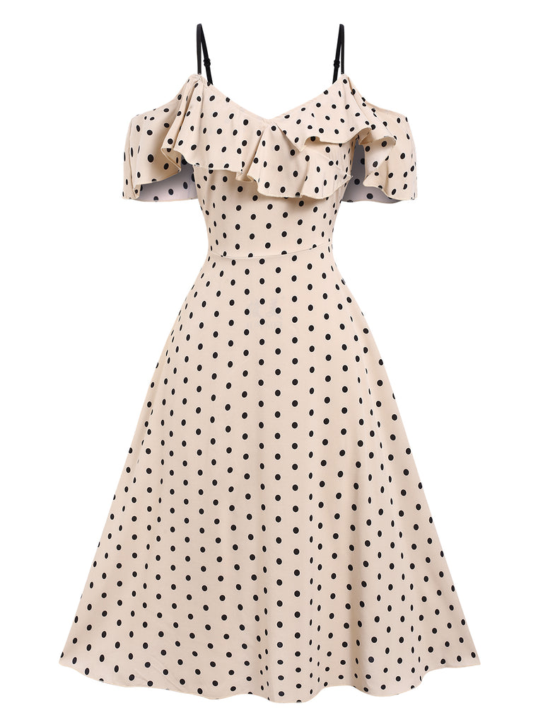 Beige 1940s Spaghetti Strap Cold-Shoulder Polka Dots Dress