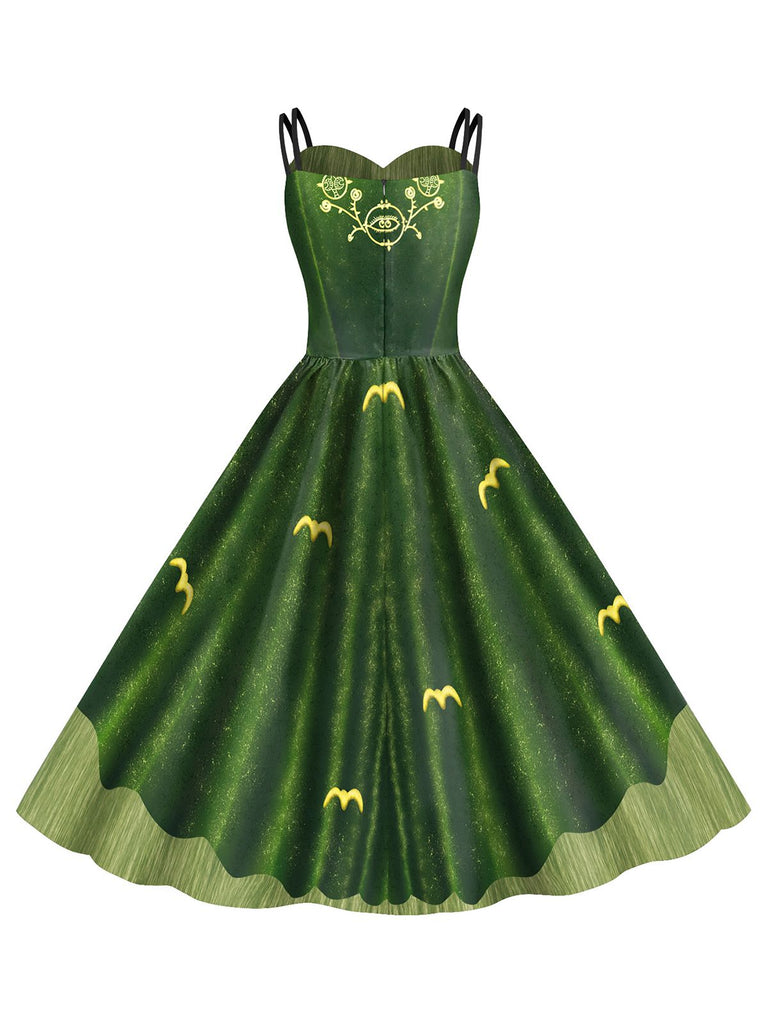 Green 1950s Halloween Double Straps Patchwork Dress