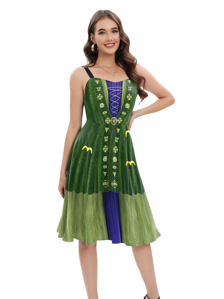 Green 1950s Halloween Double Straps Patchwork Dress