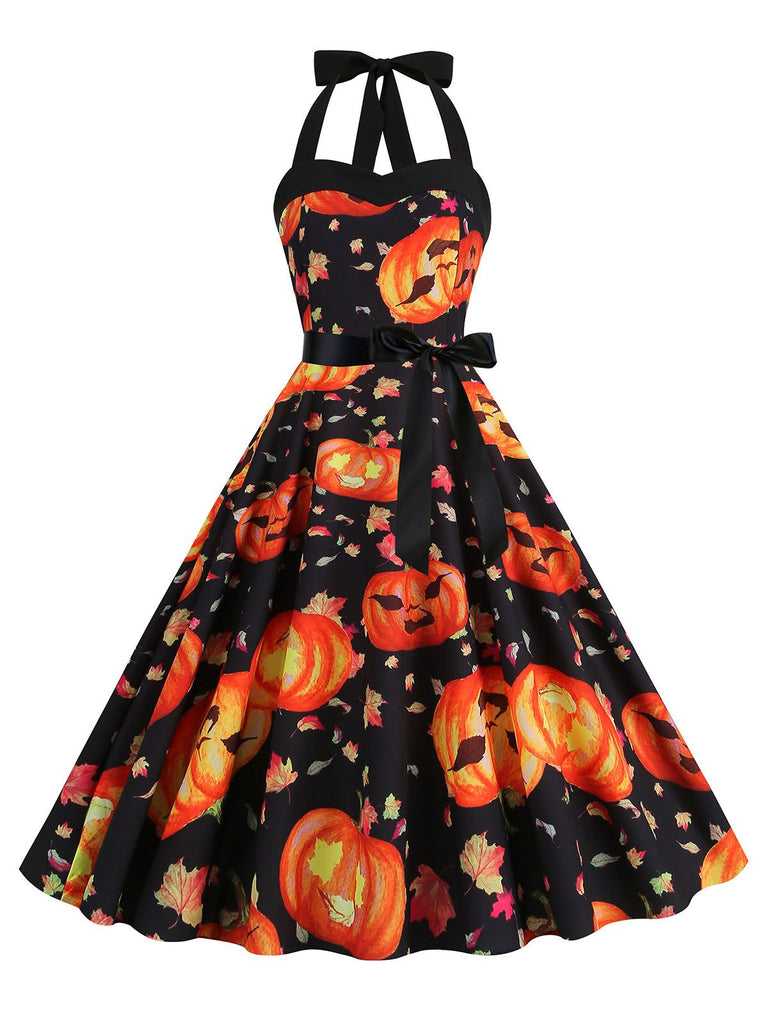 1950s Halloween Pumpkin Face Halter Dress