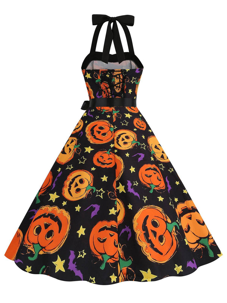 1950s Halloween Pumpkin Face Halter Dress