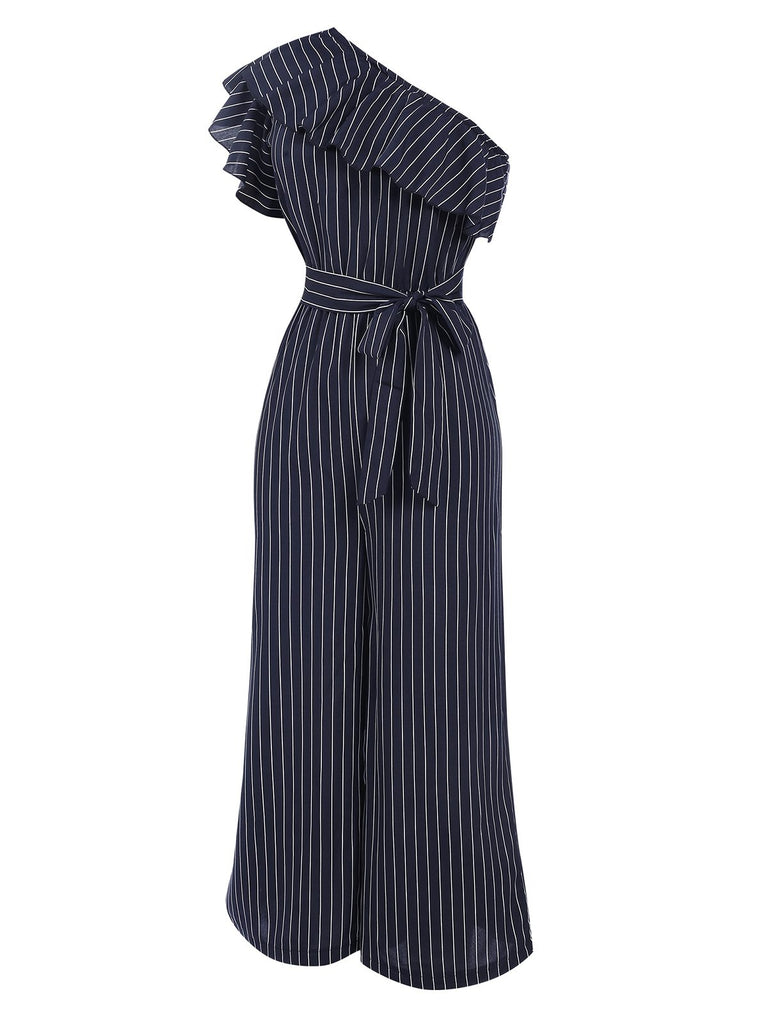 1950s Striped Slanted Shoulder Ruffle Jumpsuit