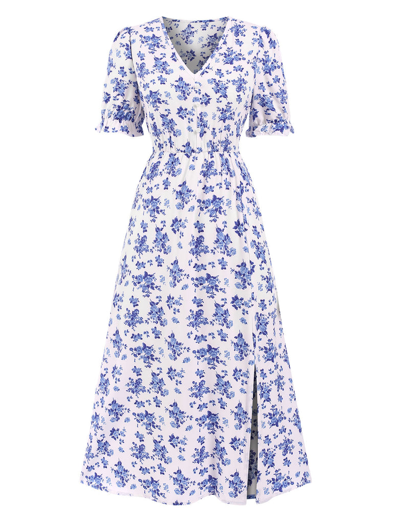 1940s V-Neck Ruffle Boho Floral Midi Dress