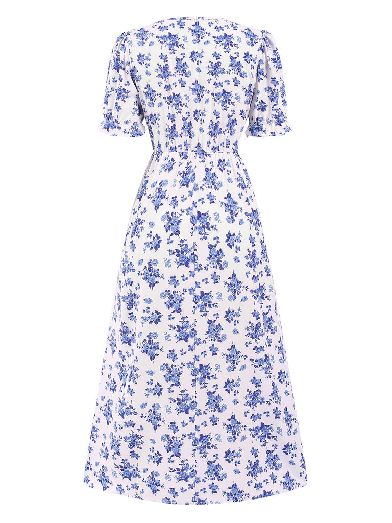 1940s V-Neck Ruffle Boho Floral Midi Dress