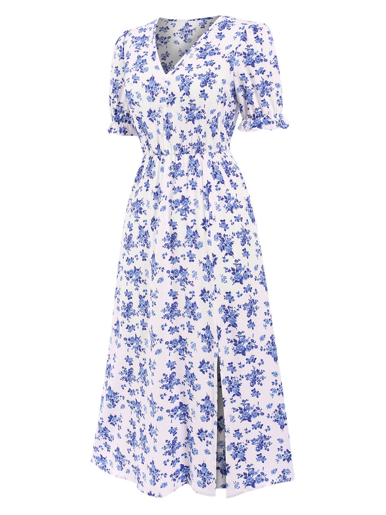 1940s V-Neck Ruffle Boho Floral Midi Dress