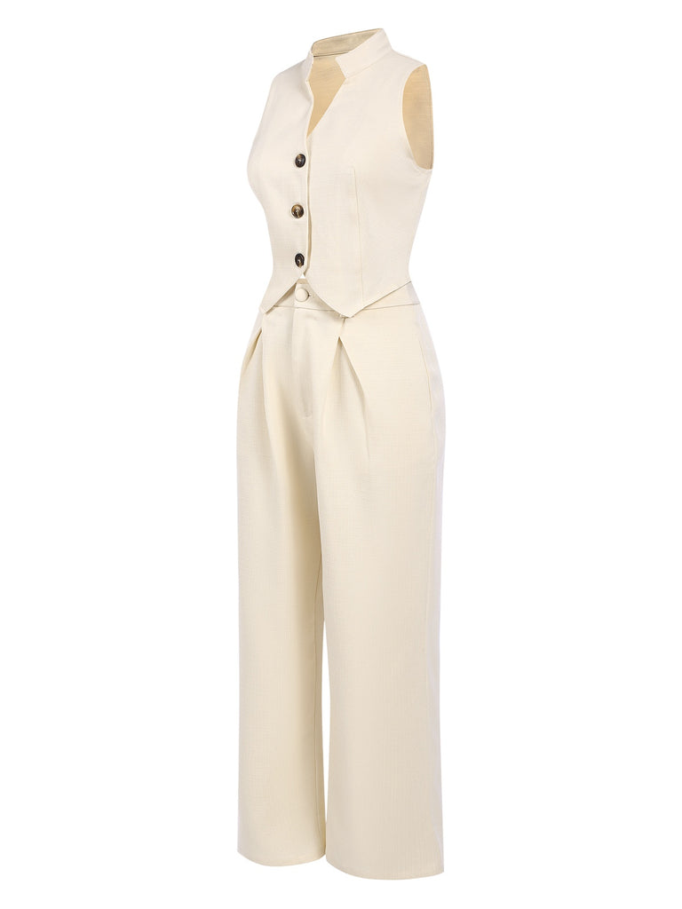 2PCS 1960s Beige Buttoned Vest Top & Pocket Wide Leg Pants