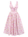 Pink 1950s Deep V-Neck Lace-Up Floral Dress