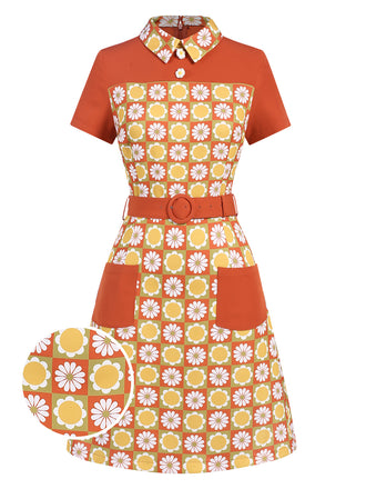 Multicolor 1960s Daisy Lapel Belt Dress
