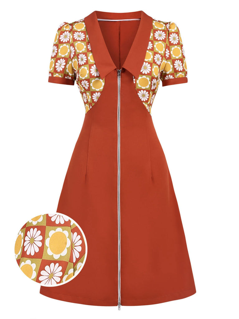 Orange 1960s Daisy Patchwork Lapel Dress