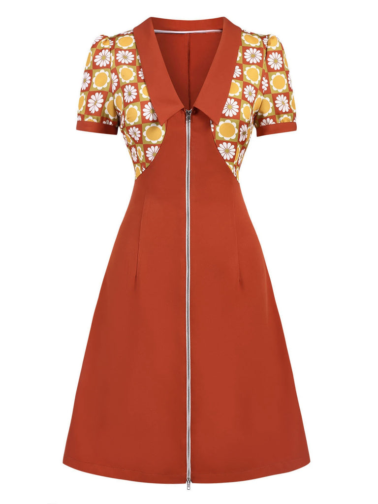 Orange 1960s Daisy Patchwork Lapel Dress