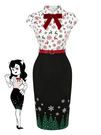 [Pre-Sale] Black 1960s Christmas Tree Reindeer Snowflake Pencil Dress
